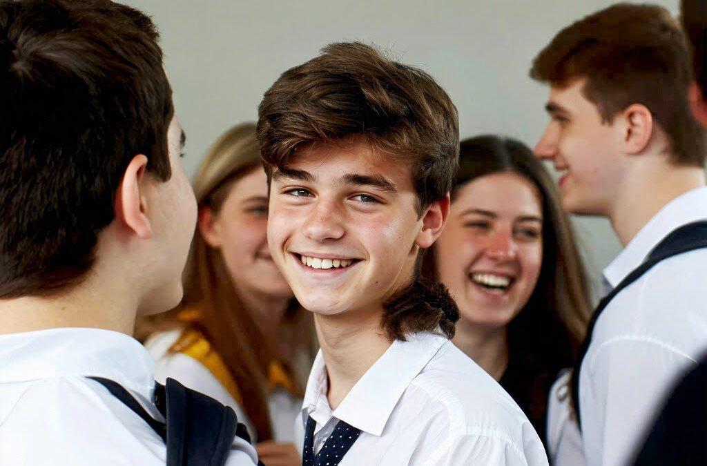 teen boy in a group with a fake smile on his face wearing a white shirt. Everyone in the teen group is dressed alike