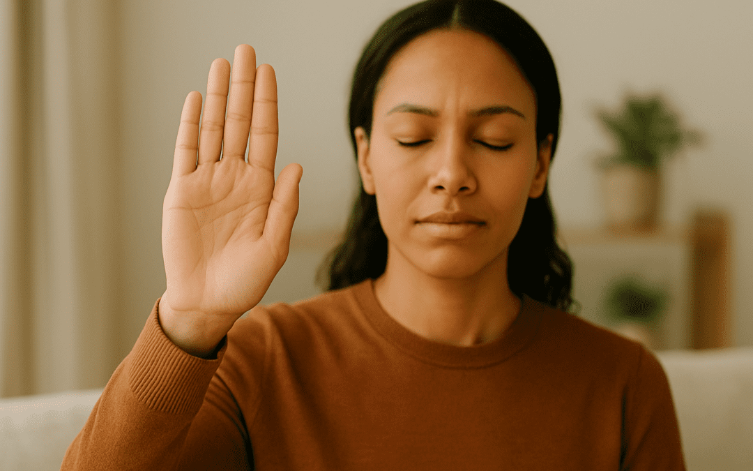 Woman with eyes shut holding up right hand in a stop signal