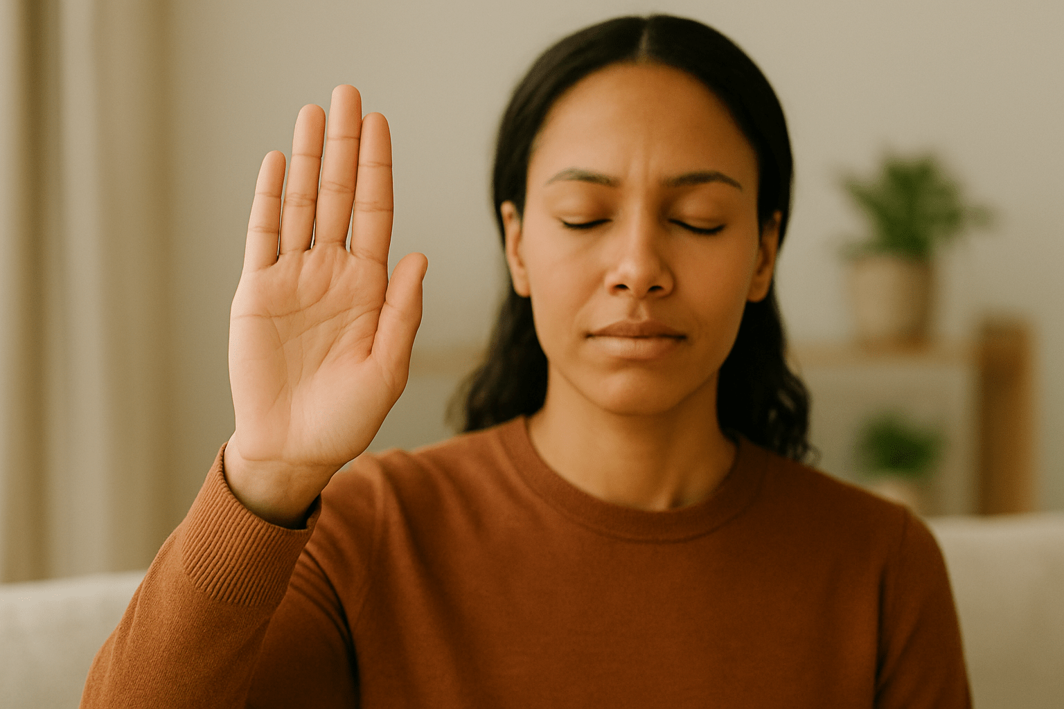 Woman with eyes shut holding up right hand in a stop signal