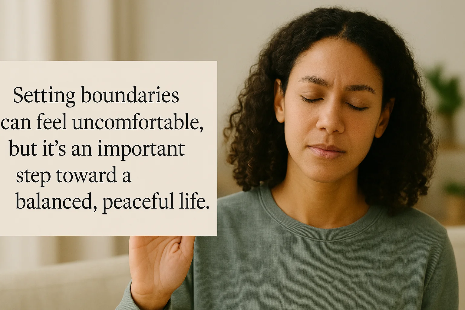 Woman holding up hand eyes closed 
