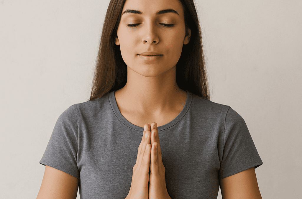 Woman with long dark hair, hands folded in front of her with palms together eyes closed