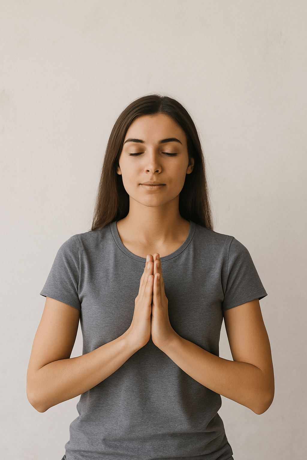 Woman with long dark hair, hands folded in front of her with palms together eyes closed