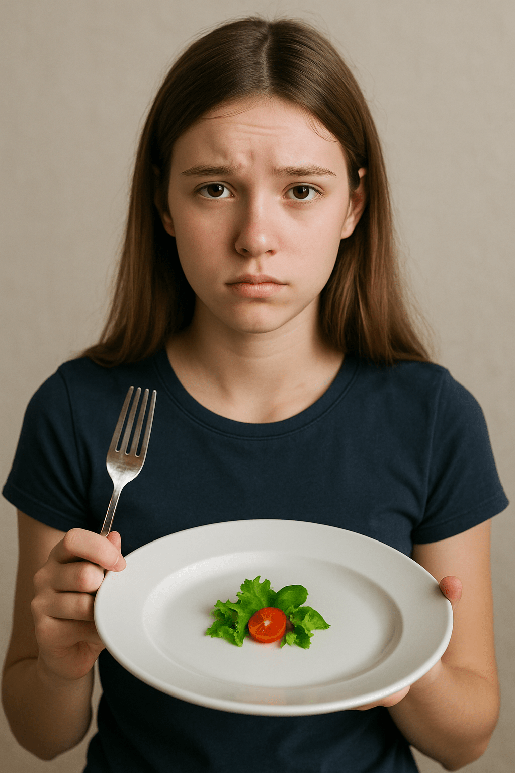 Young teen with long dark hair holding a plate and a fork. plate has a very small salad on it