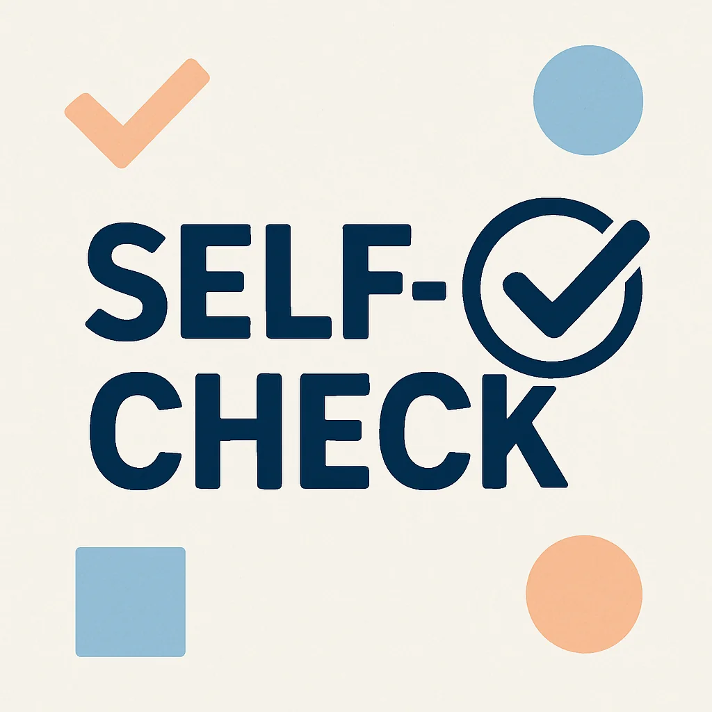 a sign with black letters saying self check with orange check over the S and a blue square and circle and an orange circle