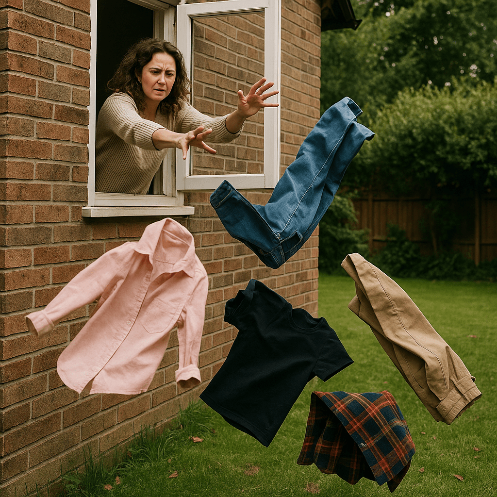 Woman throwing man's clothes out the window of a house