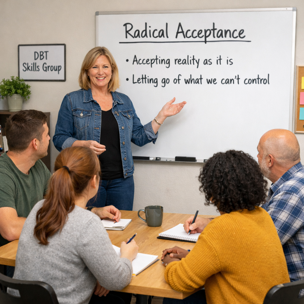 woman is standing by a whiteboard in front of 4 class members